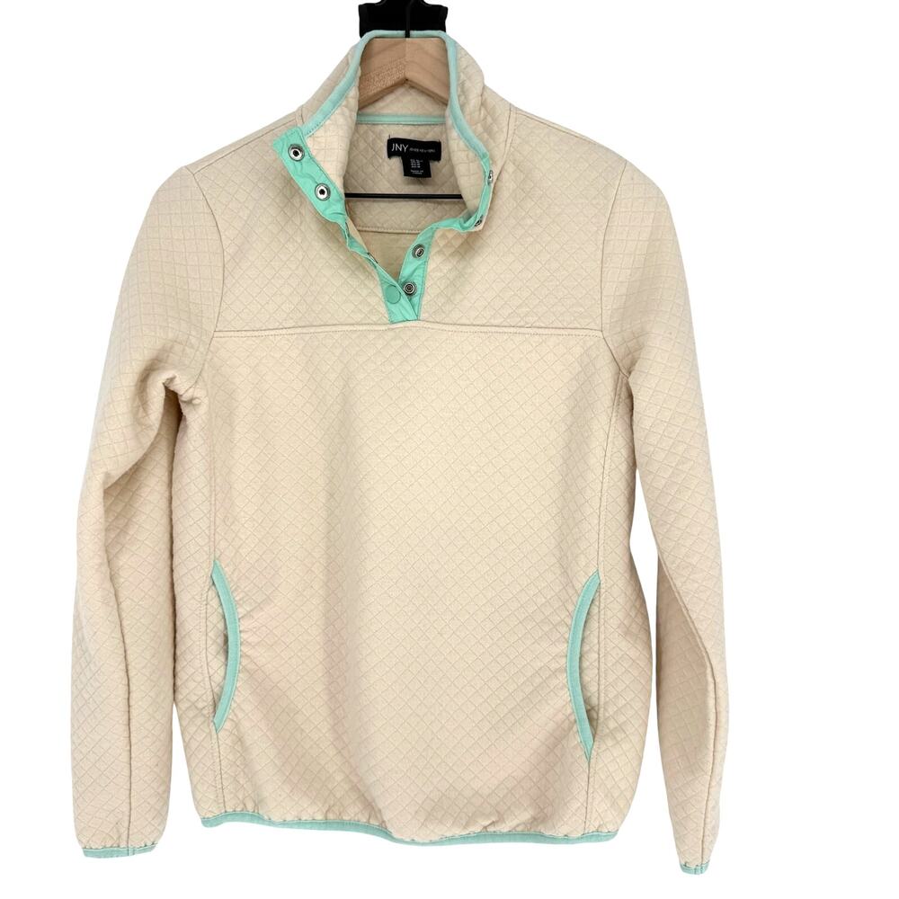 JNY Jones New York Quilted Snap Fleece Pullover Womens M Cabincore Gorpcore Tan